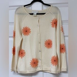 Susan Bristol Cream colored cardigan with burnt orange flowers. Size XL